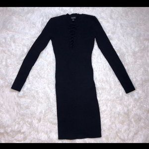 Black Ribbed Tie Up Long Sleeve Midi Sweater Dress